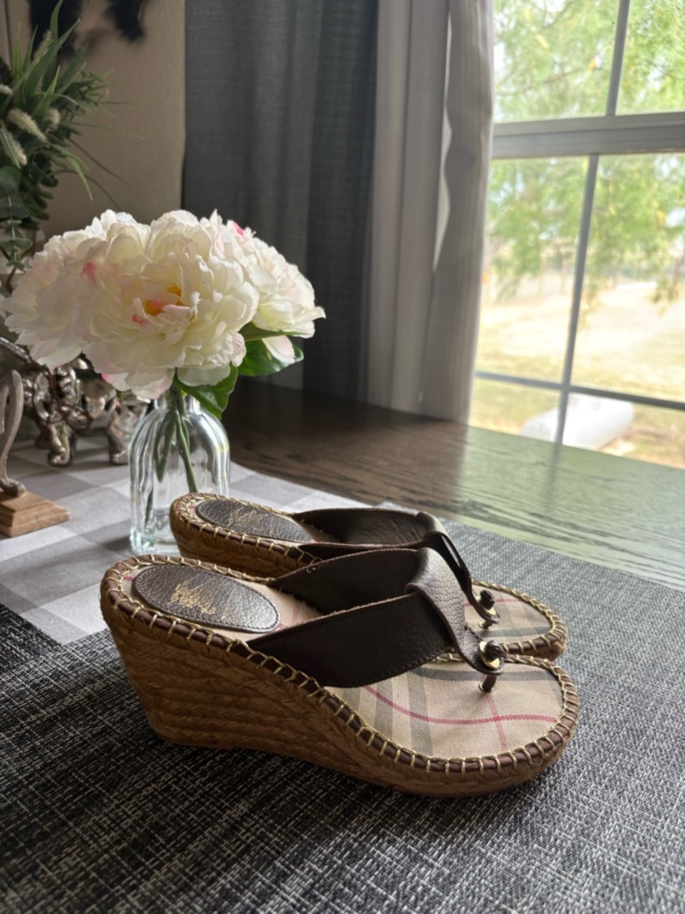 Burberry Brown Plaid Espadrille Wedge Thong Sandals 38